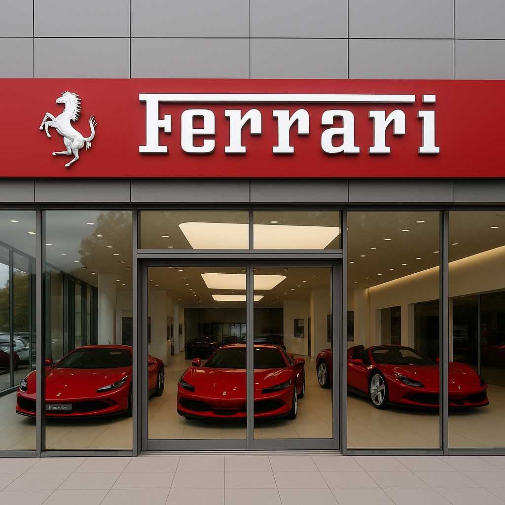 magasin voiture ferrari avec enseigne logo